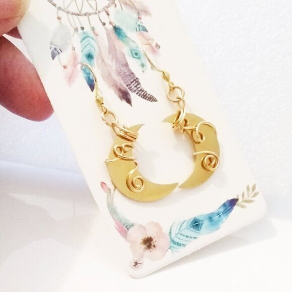Golden Moonlight ~ Wire-Wrapped Crescent Moon Dangle Earrings! Handmade & Unique
